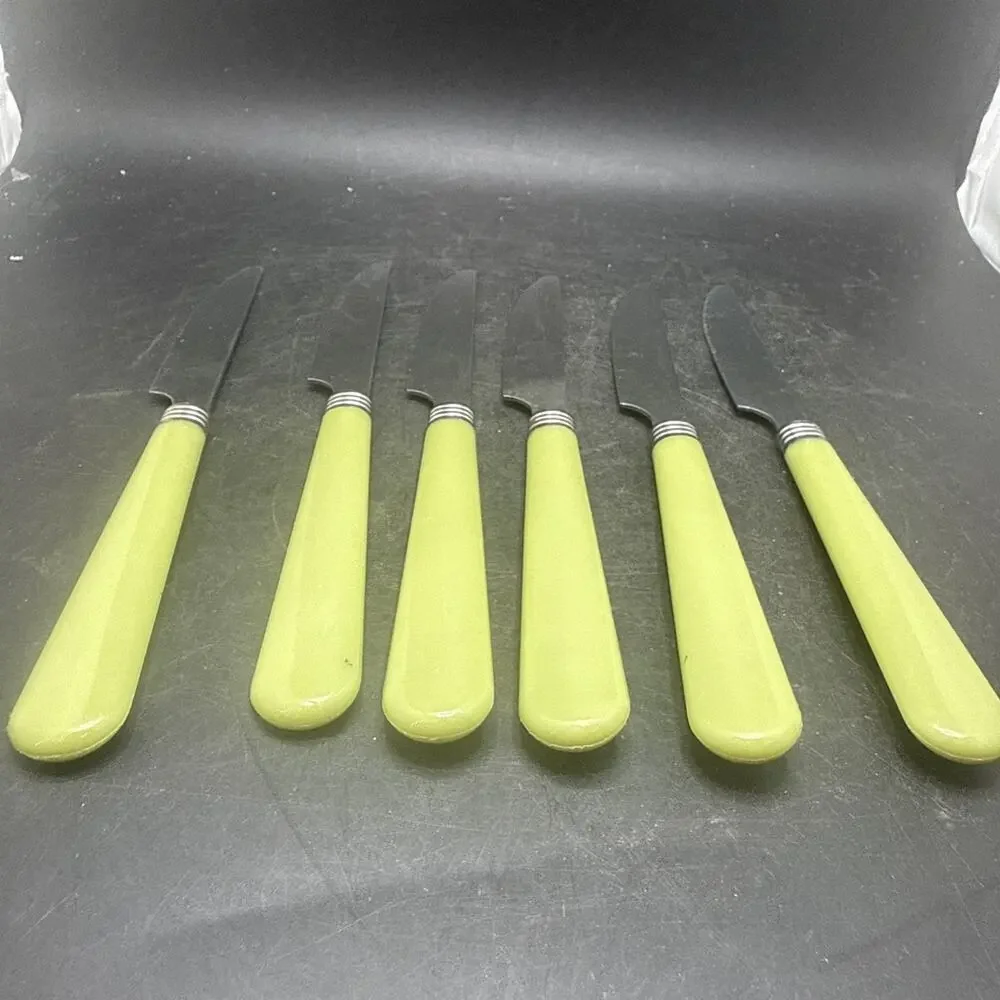 Avocado Green Stainless Serrated Knives Lot Of 6 Midcentury Modern MCM 8in